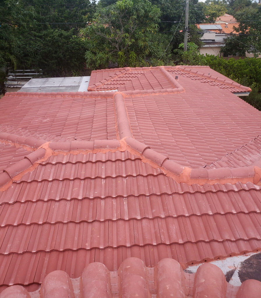 Top view of a red Spanish tile roof.