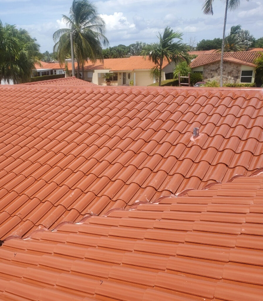Top view of a red Spanish tile roof.