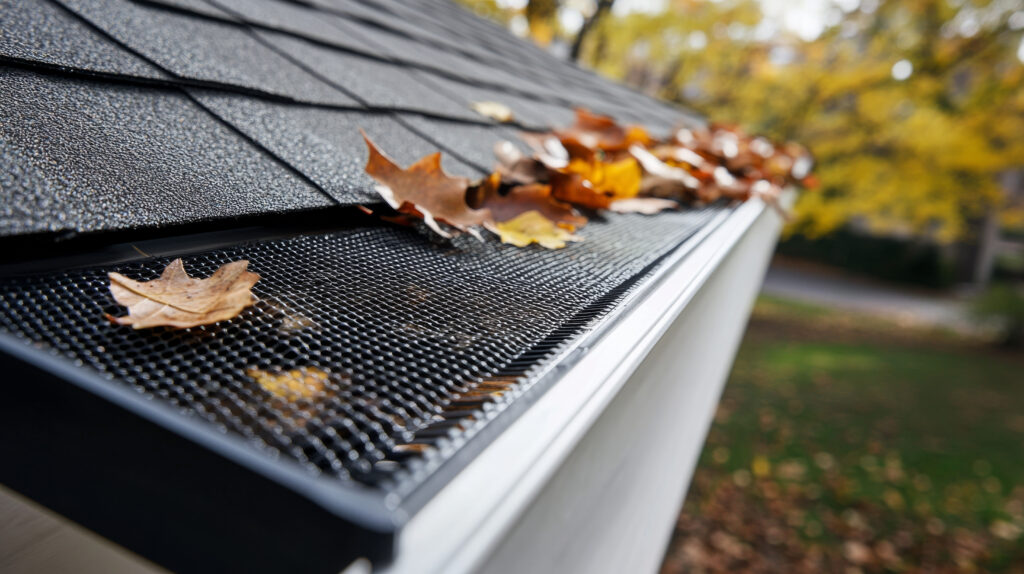 Photo of a of a rain gutter shows a screen to stop leaves but some leaves are still there This image reminds us of home maintenance yard work and how damage to the roof can happen.
