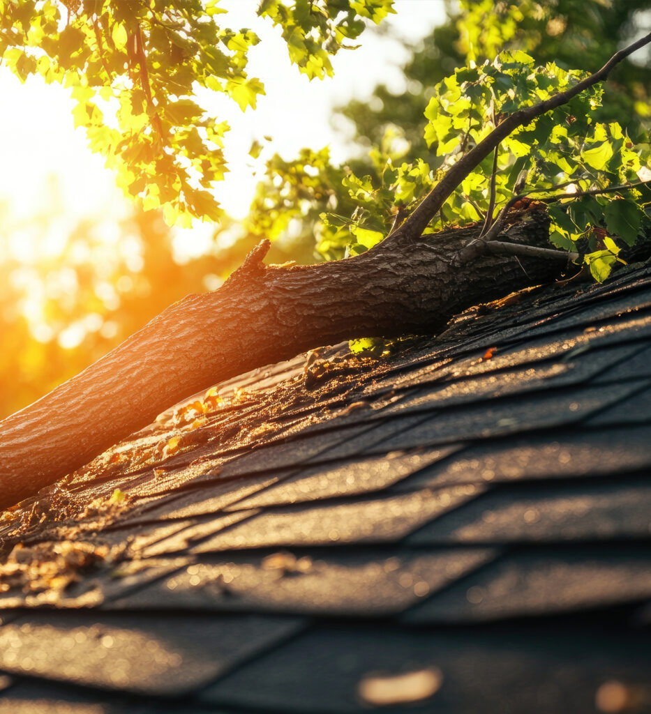 A fallen tree on a shingle roof.