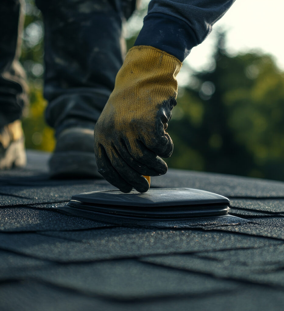 Roofing worker with yellow gloves sealing a roof vent to prevent leak.